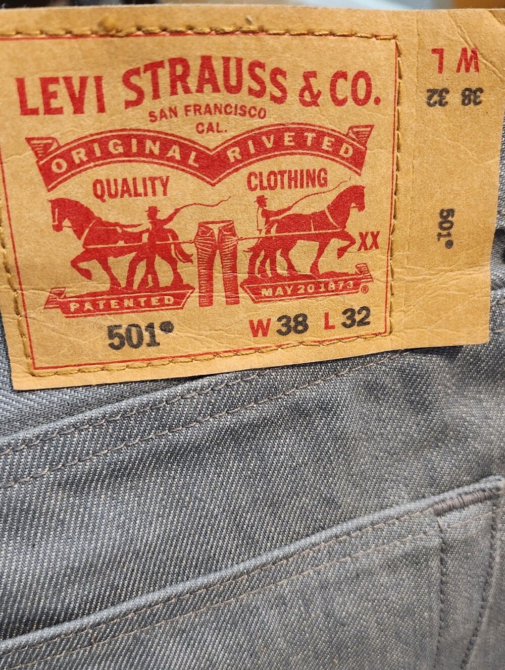 Levis 501 Button Fly Grey Jeans, Size 38 X 32